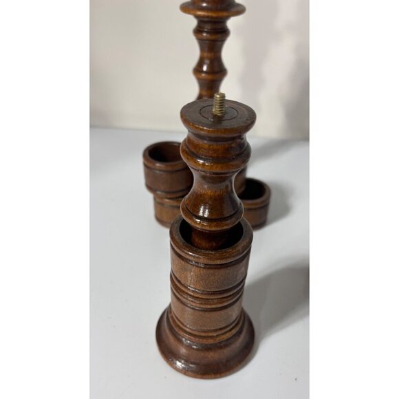 Vtg‎ Wooden Candlestick Holders & 8 Napkin Rings Built In Set Unique - Picture 3 of 8